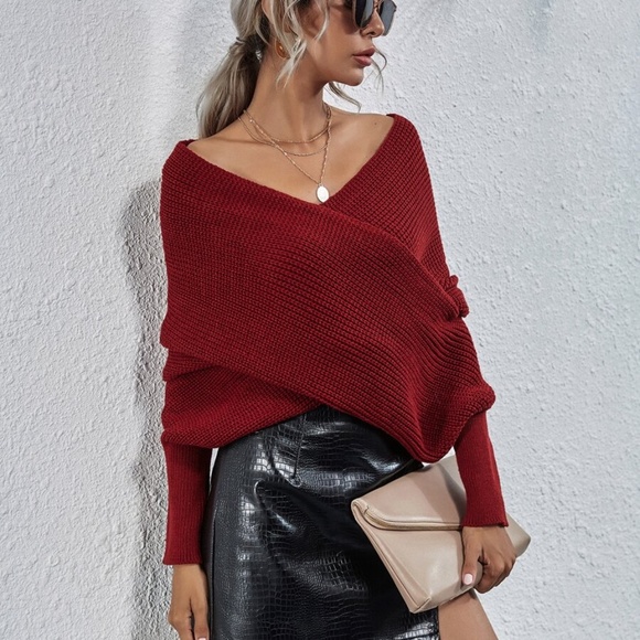 Sweaters - WINE off shoulder knit wrap sweater fall sweater